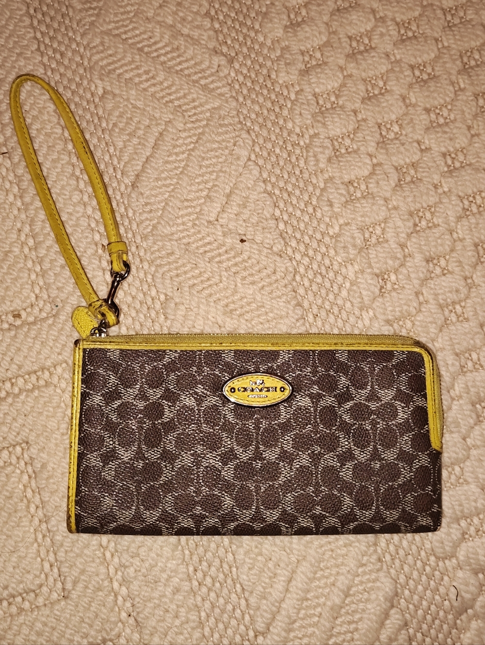 Coach Brown Signature Canvas Wristlet with Yellow Trim